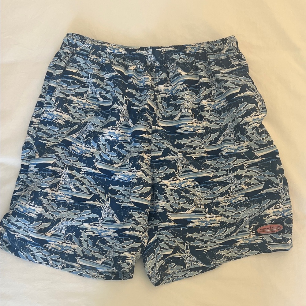 Vineyard Vines Navy and Light Blue Marlin Pattern Swim Trunks